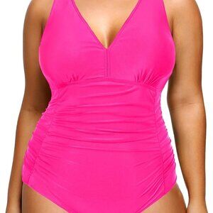 Aqua Eve Women Plus Size One Piece Swimsuits V Neck Tummy Control Bathing Suit